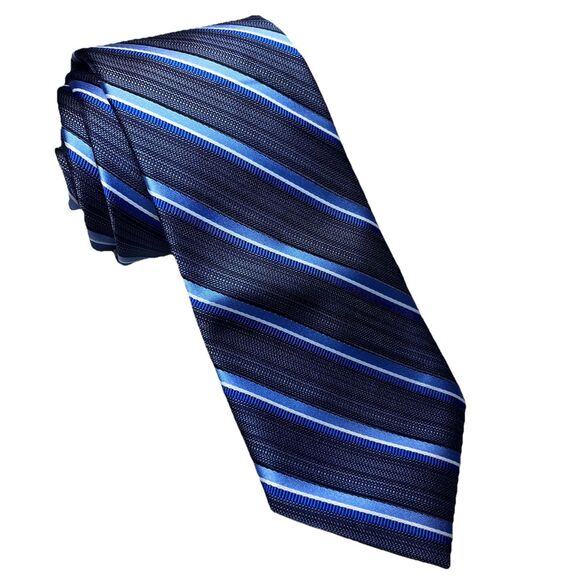Men's Bespoke Tie Blue White Stripes 100% Polyester - Picture 1 of 6